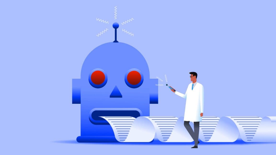 Scientist writing a research paper on a laptop using an AI-powered editor in a lab