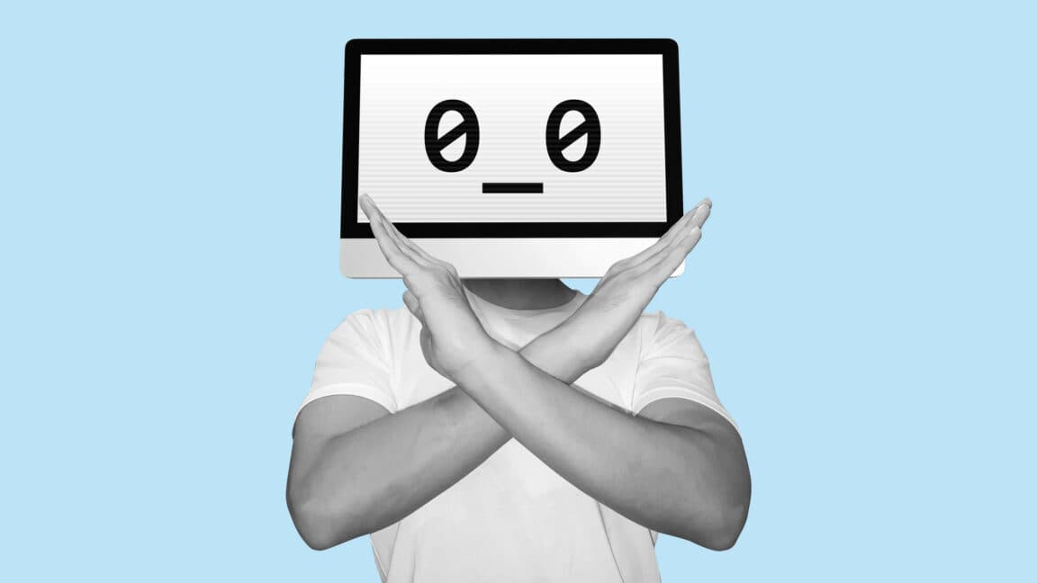 Illustration of a worried user facing an AI chatbot on a glowing screen