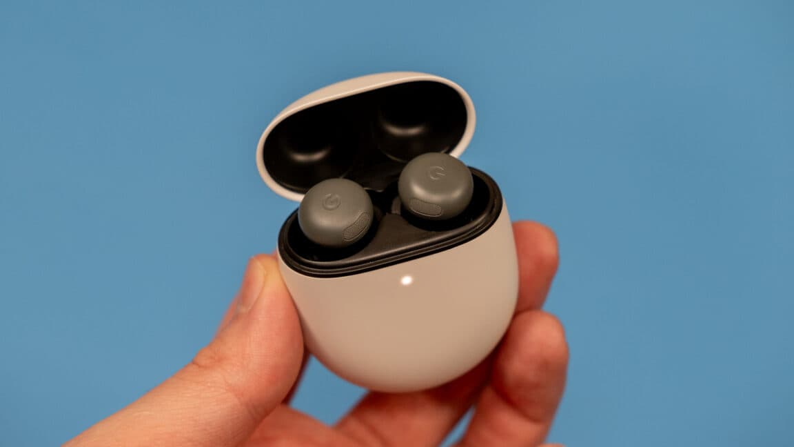 Google Pixel Buds Pro 2 wireless earbuds on a table