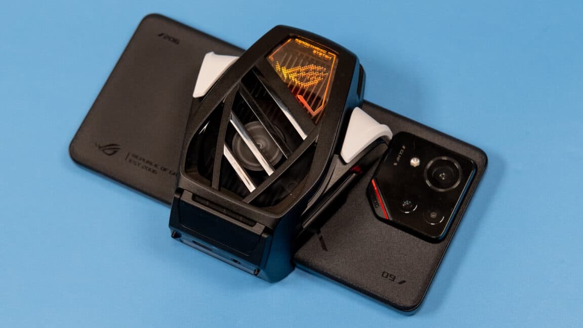 Asus ROG Phone 9 gaming smartphone with clip-on cooling fan accessory