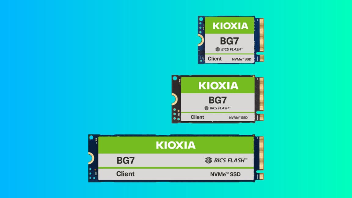 Kioxia-branded memory chips on a production line