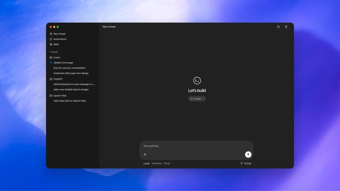 OpenAI Codex desktop app window on a MacBook showing multiple AI coding agents