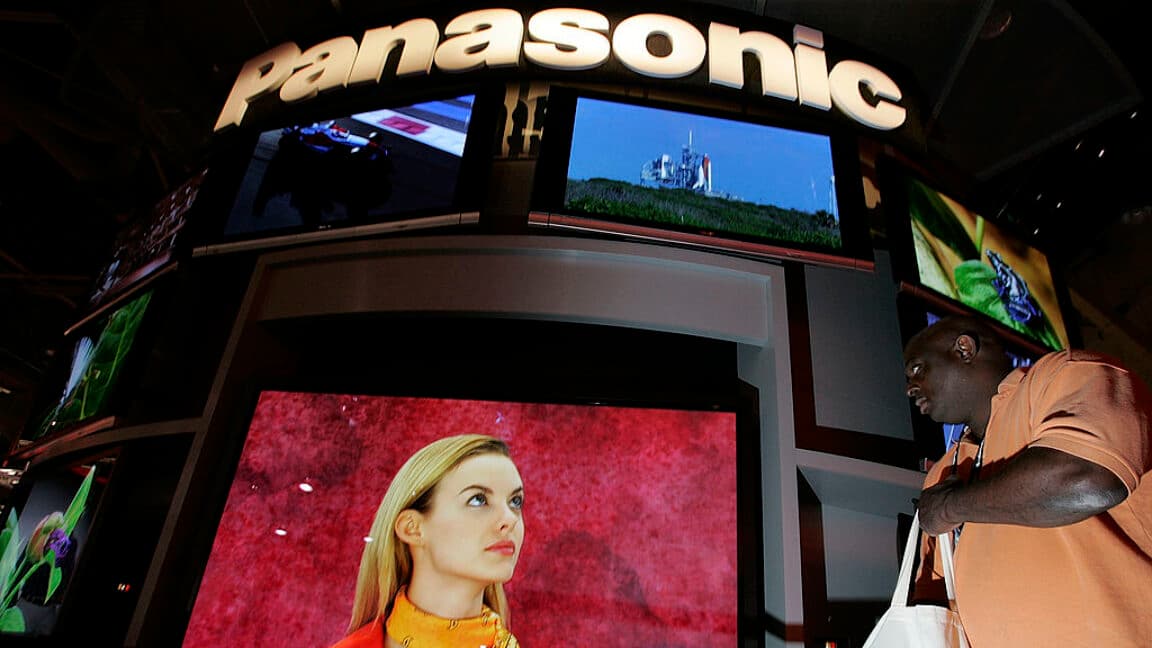 Close-up of a large Panasonic television on display in an electronics showroom.