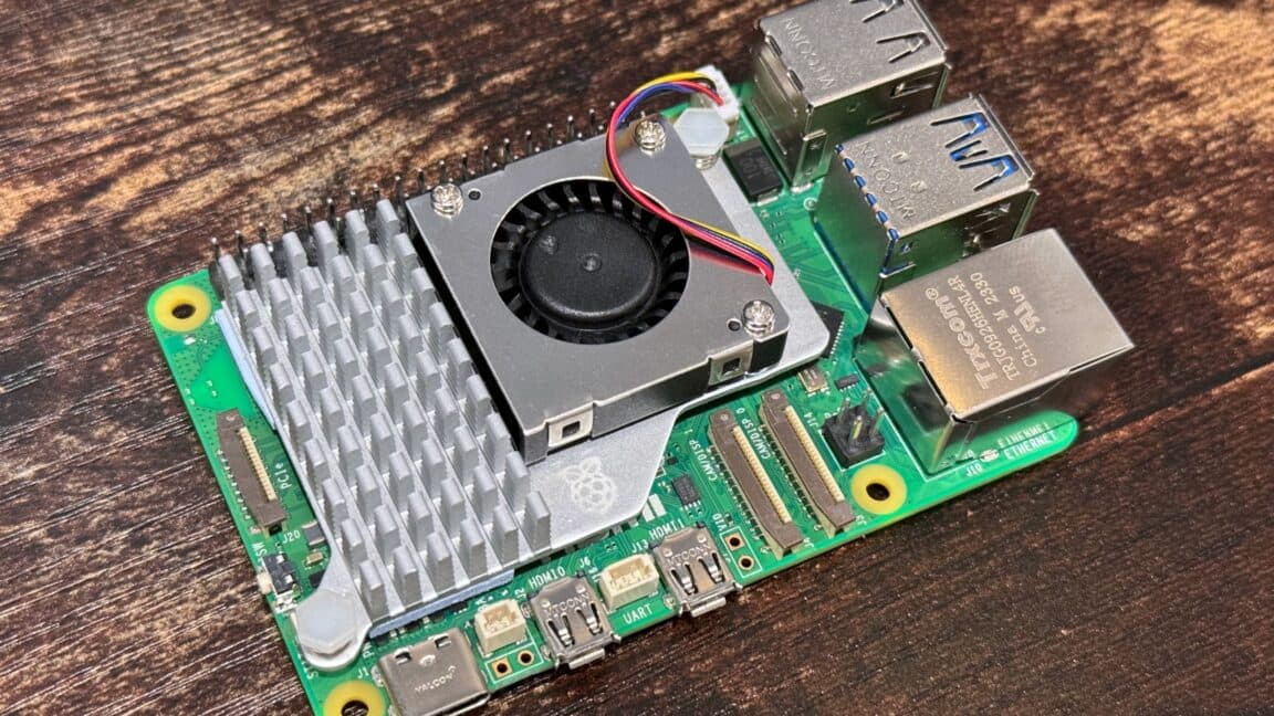 Close-up of a Raspberry Pi 5 single-board computer with memory chips visible