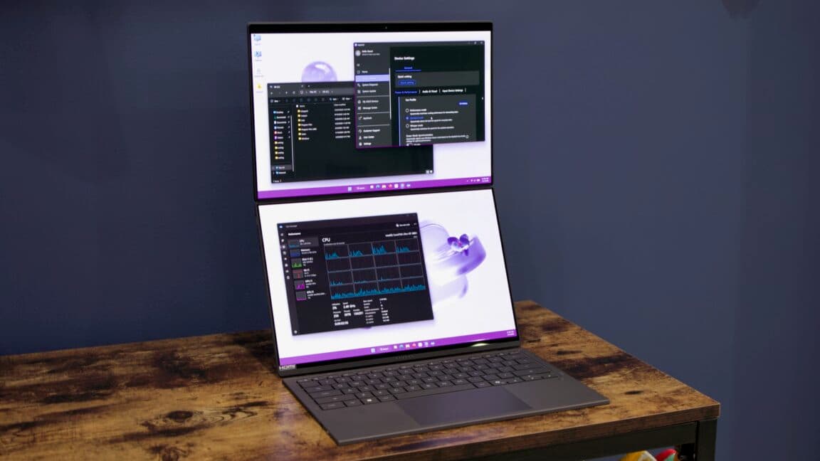 Intel Panther Lake-powered Asus Zenbook Duo laptop with dual screens on a desk