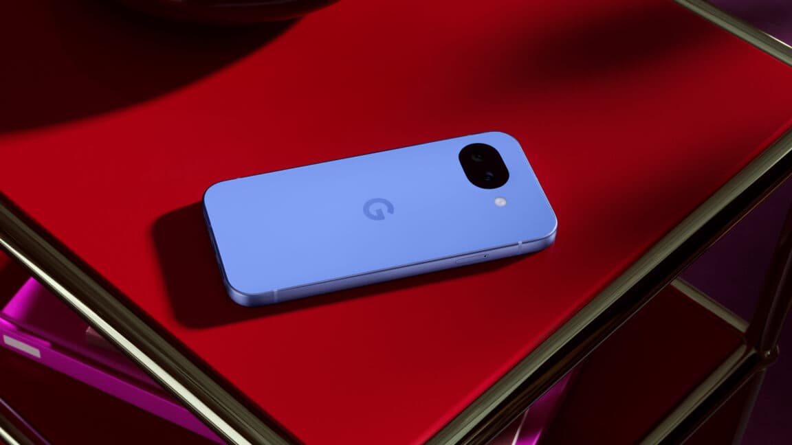 Close-up of a Google Pixel 10a smartphone lying flat on a desk