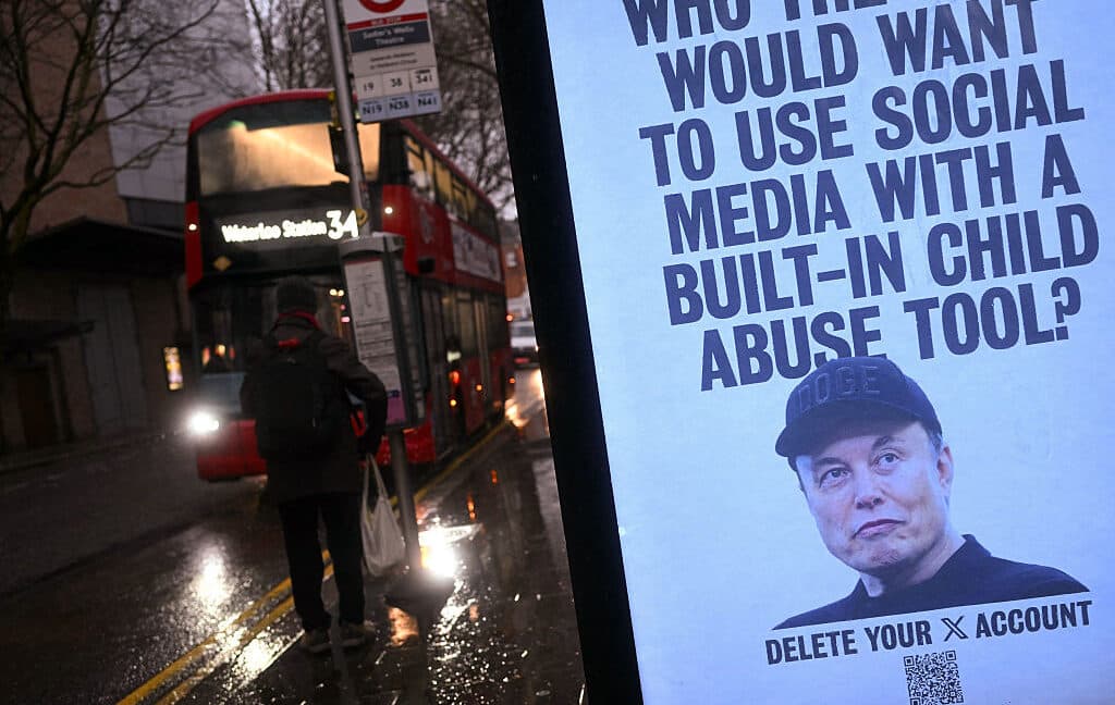 Poster with Elon Musk’s face urging users to delete X over Grok CSAM scandal