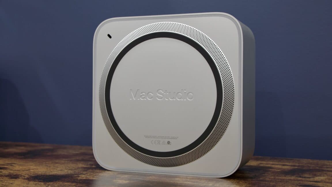 Close-up of an Apple Mac Studio desktop computer on a modern desk