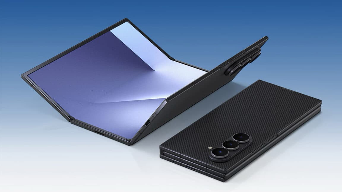 Samsung Galaxy Z TriFold unfolded on a desk, showing its large tablet-like display