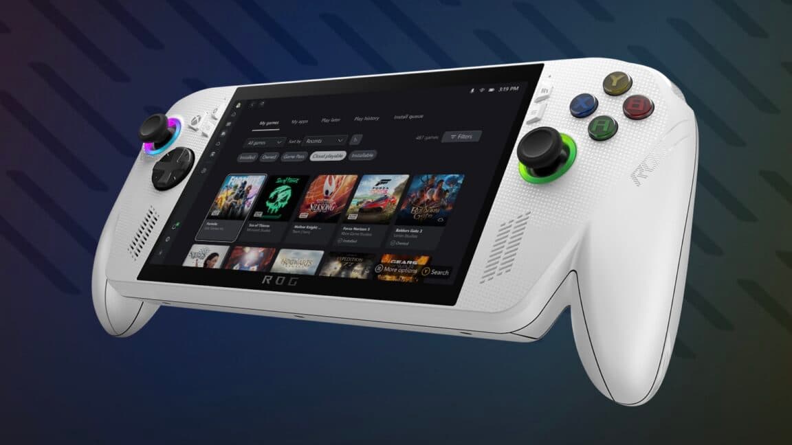 Gaming handheld PC running Windows 11 in Xbox mode with full-screen console-style interface