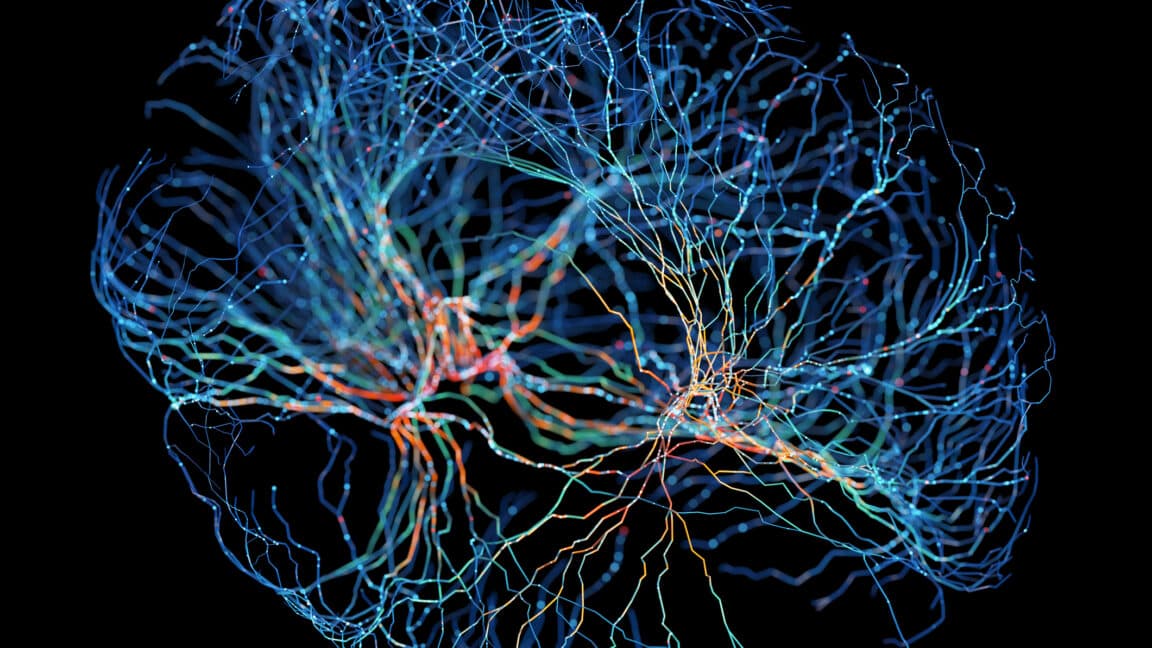 Abstract visualization of biological pathways overlaid with AI circuit patterns