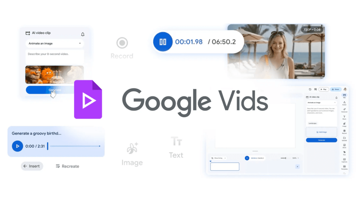 Google Vids interface with AI-generated avatars and video timeline on a laptop screen