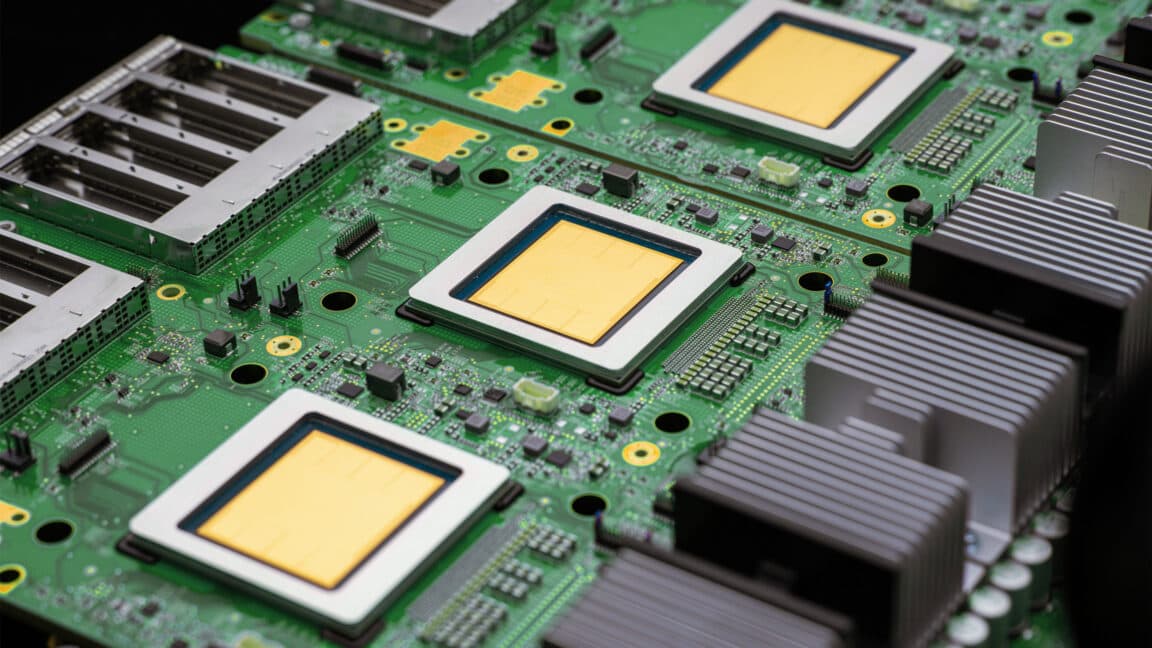 Google AI accelerator boards mounted in a liquid-cooled data center rack
