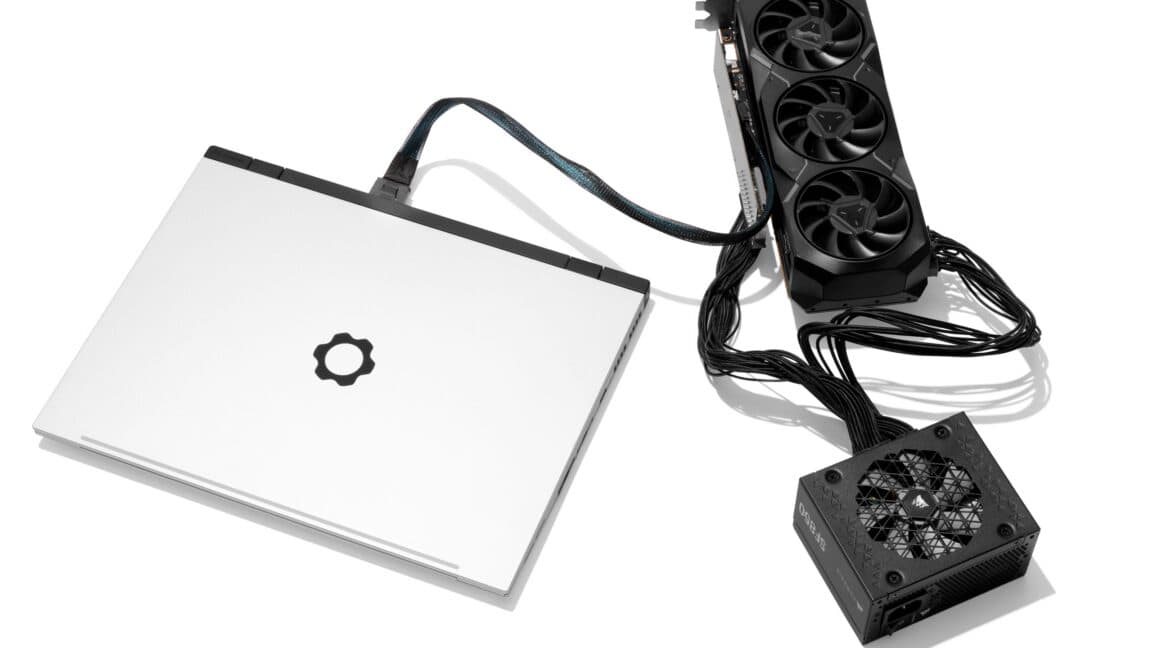 Framework Laptop 16 connected to a desktop graphics card enclosure via an OCuLink cable