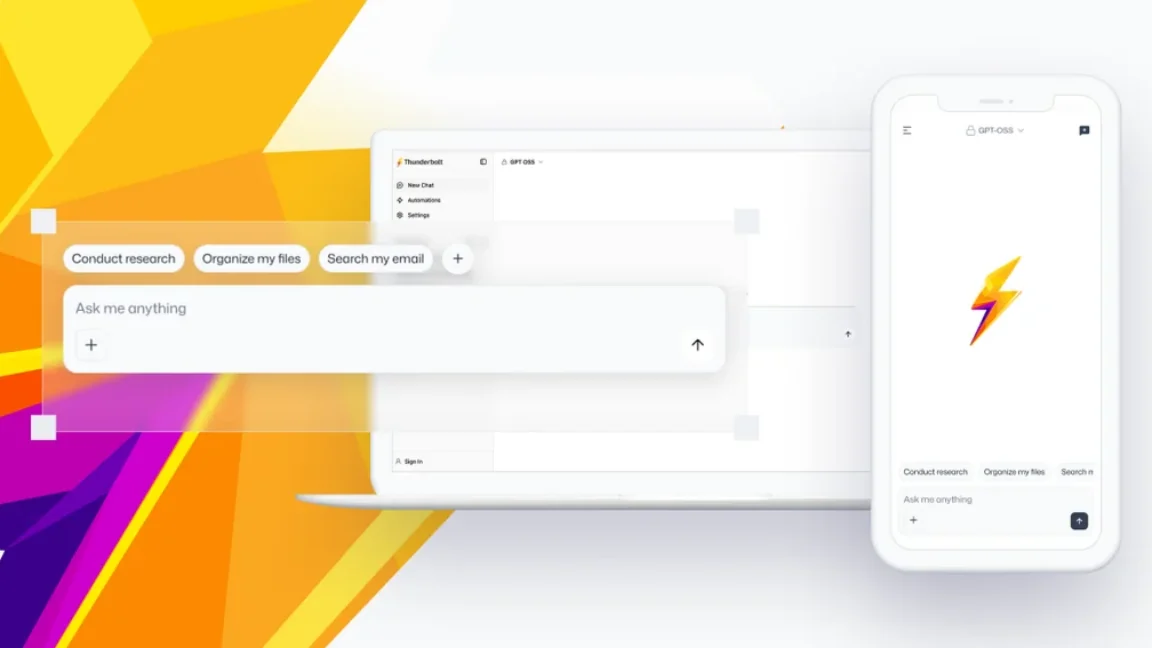 Illustration of a laptop running Mozilla Thunderbolt AI client connected to local servers
