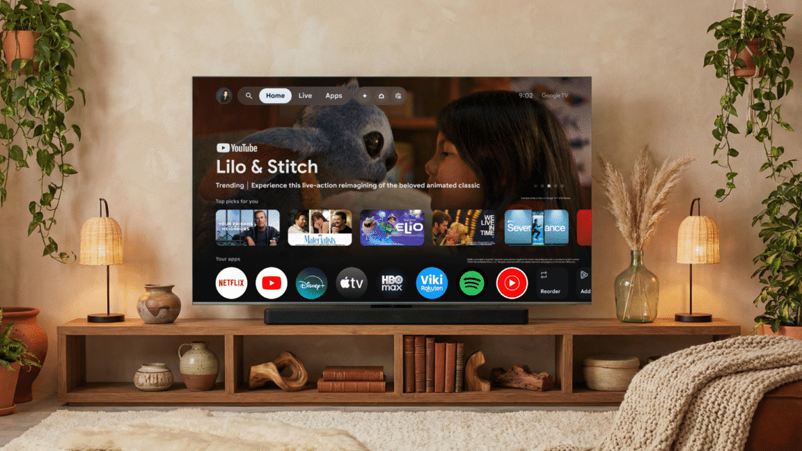 Living room TV displaying Google TV interface with Gemini AI features