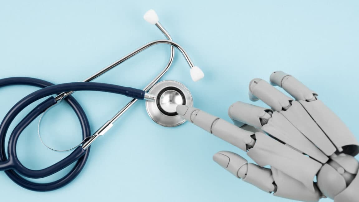Stylized illustration of medical records connected to an AI chatbot