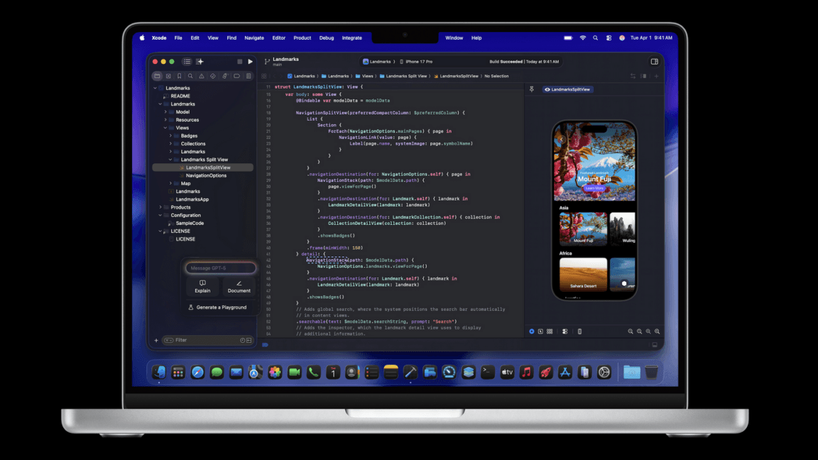 Developer using Apple Xcode IDE with an AI assistant side panel on a Mac screen