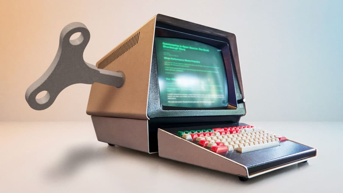 Illustration of an AI bot arguing with an open source developer in front of code