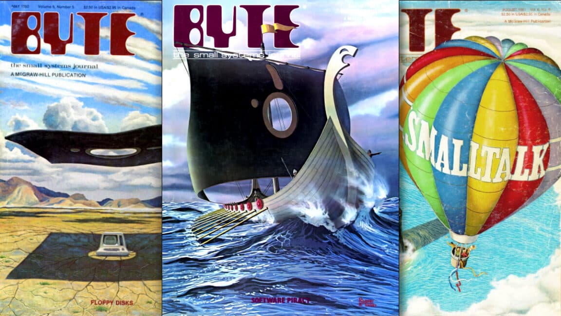 Collage of colorful Byte magazine covers illustrating early personal computing