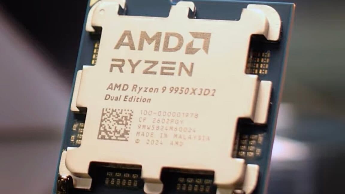 Close-up of an AMD Ryzen 9 9950X3D2 desktop processor on a PC motherboard