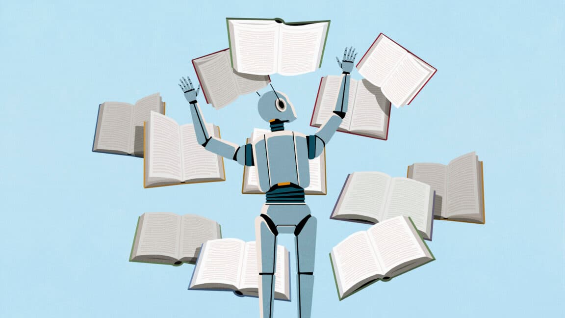 Stack of horror novels beside a laptop displaying abstract AI code