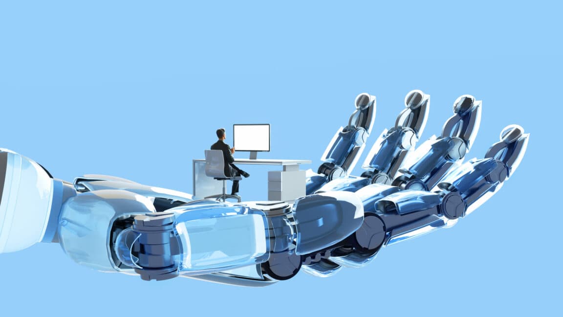 Illustration of a robotic hand overshadowing office workers at their desks