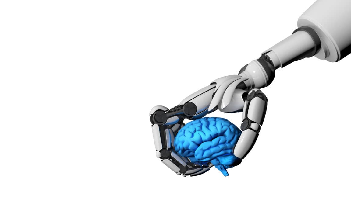 Illustration of US and China flags separated by a glowing artificial intelligence brain
