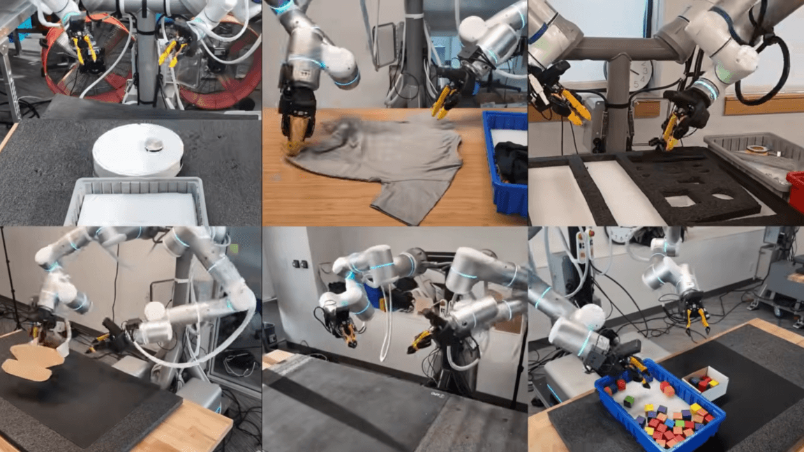 Close-up of robotic arms using AI to fold boxes and handle small items on a workbench